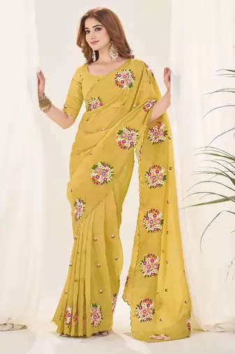 Yellow georgette embroidered thread work heavy look ethnic saree with blouse