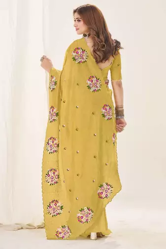 Yellow georgette embroidered thread work heavy look ethnic saree with blouse