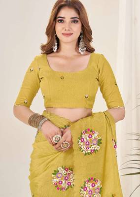 Yellow georgette embroidered thread work heavy look ethnic saree with blouse 5