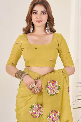 Yellow georgette embroidered thread work heavy look ethnic saree with blouse