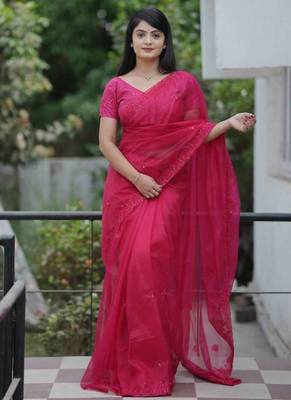 Pink net embroidered sequins work heavy look ethnic saree with blouse 1