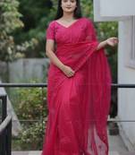 Pink net embroidered sequins work heavy look ethnic saree with blouse