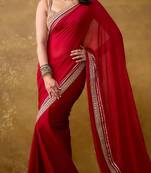 Red satin embroidered sequins work heavy look ethnic saree with blouse