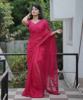 Pink net embroidered sequins work heavy look ethnic saree with blouse 2
