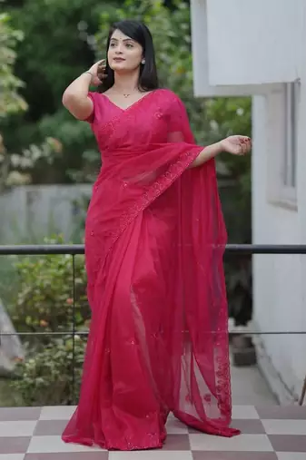 Pink net embroidered sequins work heavy look ethnic saree with blouse