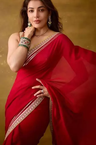 Red satin embroidered sequins work heavy look ethnic saree with blouse