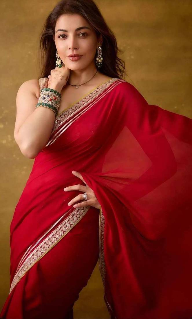 Red satin embroidered sequins work heavy look ethnic saree with blouse