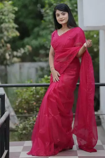 Pink net embroidered sequins work heavy look ethnic saree with blouse
