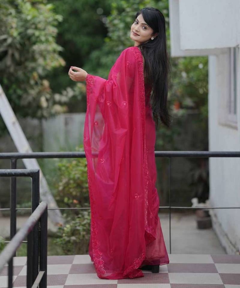 Pink net embroidered sequins work heavy look ethnic saree with blouse