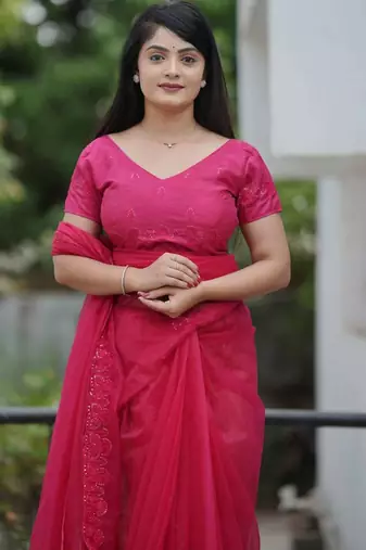 Pink net embroidered sequins work heavy look ethnic saree with blouse