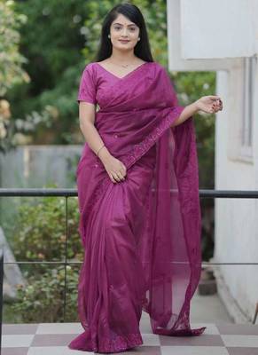 Purple net embroidered sequins work heavy look ethnic saree with blouse 1