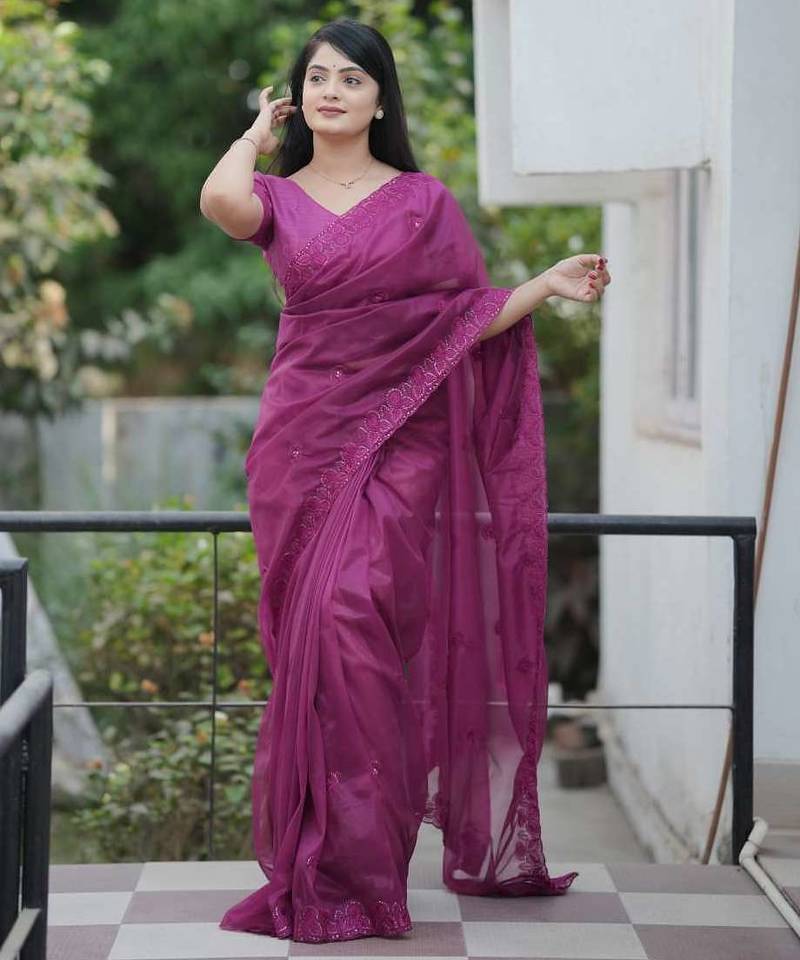 Purple net embroidered sequins work heavy look ethnic saree with blouse