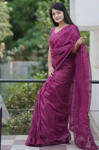 Purple net embroidered sequins work heavy look ethnic saree with blouse