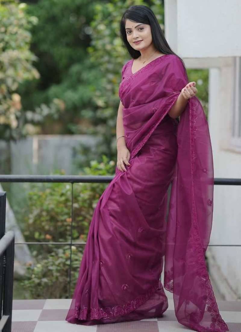 Purple net embroidered sequins work heavy look ethnic saree with blouse