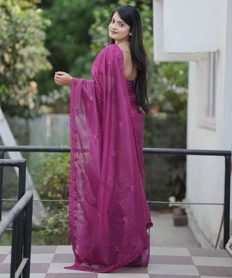 Purple net embroidered sequins work heavy look ethnic saree with blouse 4