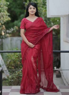 Red net embroidered sequins work heavy look ethnic saree with blouse 1