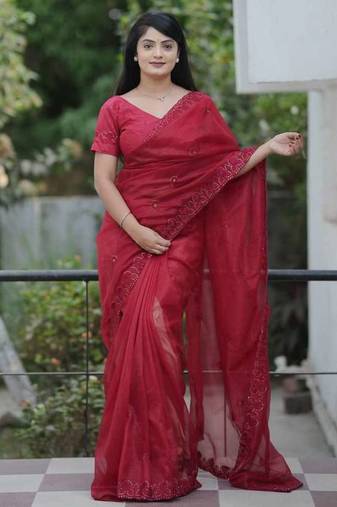 Red net embroidered sequins work heavy look ethnic saree with blouse
