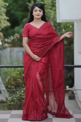 Red net embroidered sequins work heavy look ethnic saree with blouse