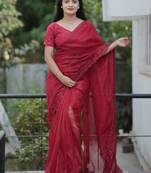 Red net embroidered sequins work heavy look ethnic saree with blouse