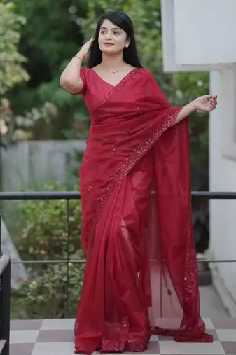 Red net embroidered sequins work heavy look ethnic saree with blouse