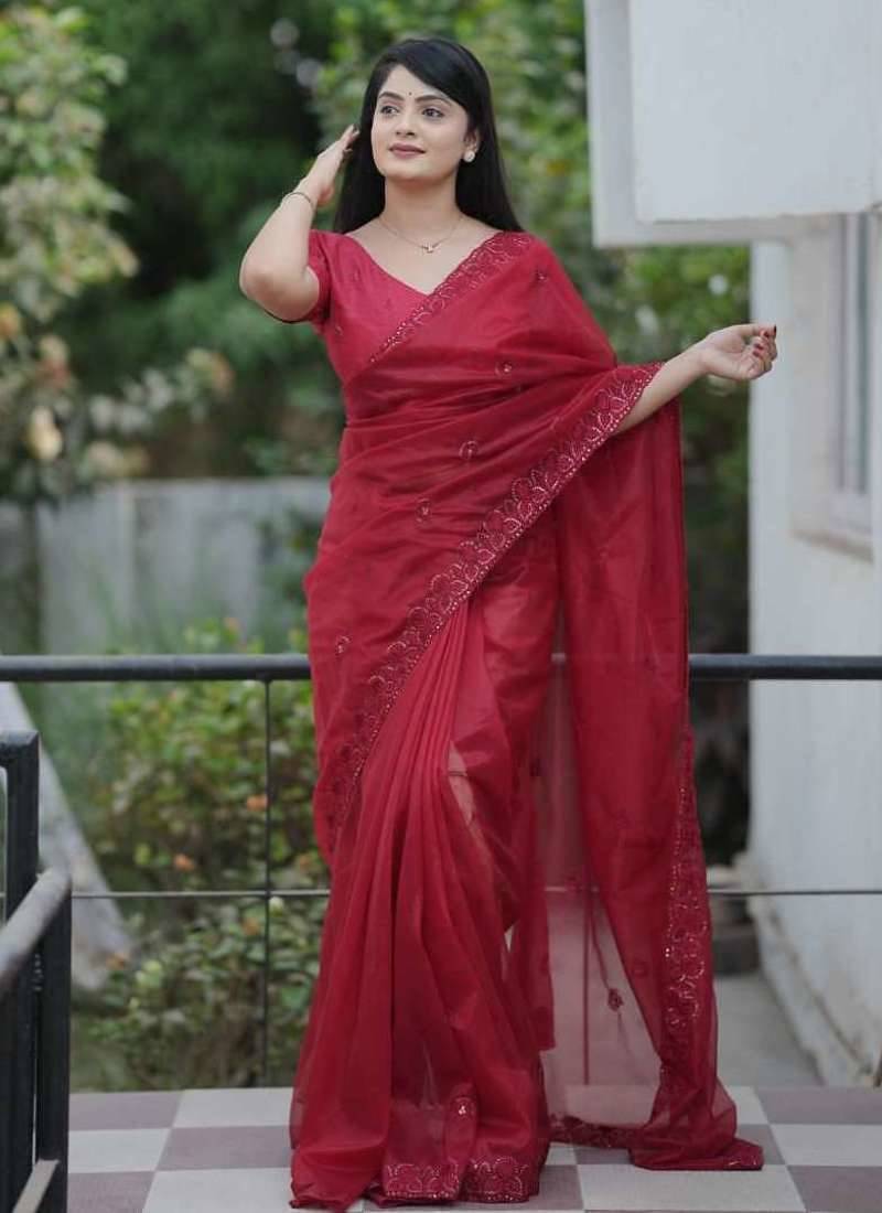 Red net embroidered sequins work heavy look ethnic saree with blouse
