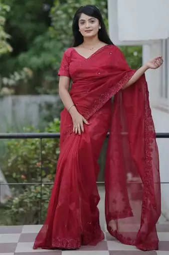 Red net embroidered sequins work heavy look ethnic saree with blouse