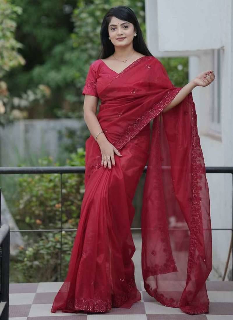 Red net embroidered sequins work heavy look ethnic saree with blouse