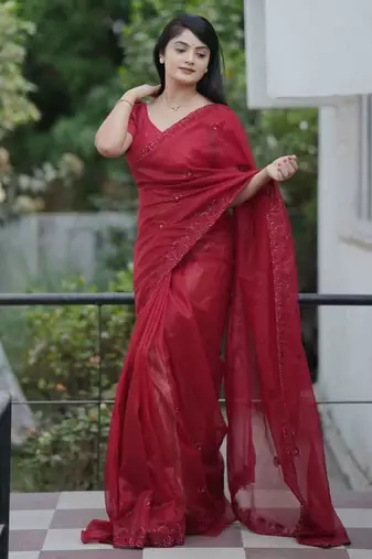 Red net embroidered sequins work heavy look ethnic saree with blouse