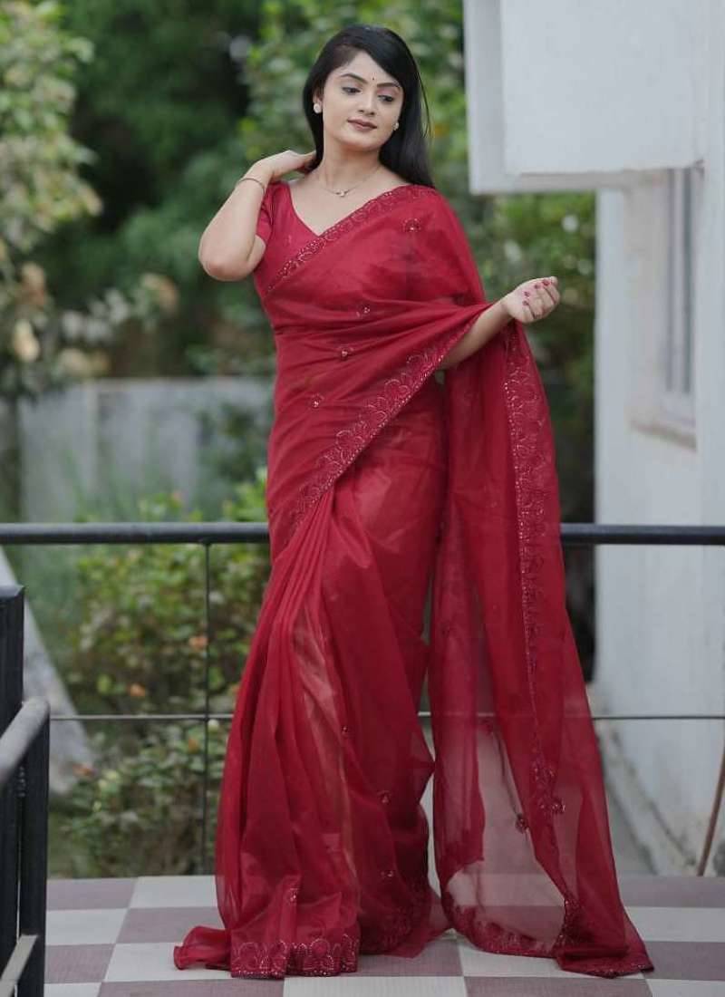 Red net embroidered sequins work heavy look ethnic saree with blouse