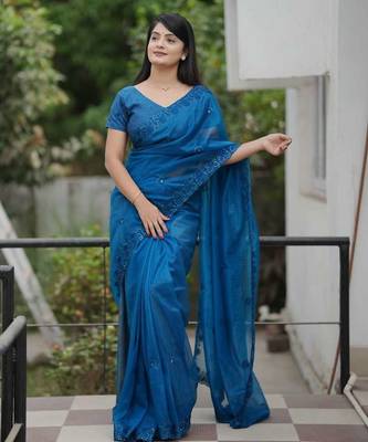 Teal net embroidered sequins work heavy look ethnic saree with blouse 1