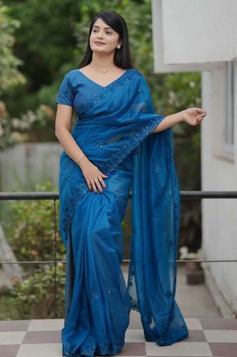 Teal net embroidered sequins work heavy look ethnic saree with blouse