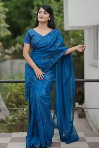 Teal net embroidered sequins work heavy look ethnic saree with blouse