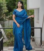 Teal net embroidered sequins work heavy look ethnic saree with blouse