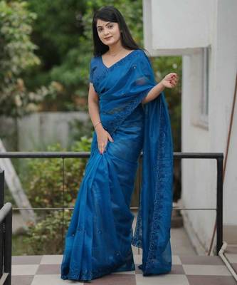 Teal net embroidered sequins work heavy look ethnic saree with blouse 2