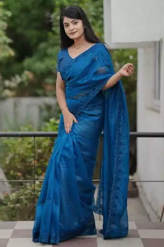 Teal net embroidered sequins work heavy look ethnic saree with blouse