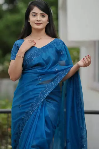 Teal net embroidered sequins work heavy look ethnic saree with blouse