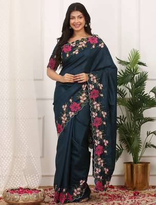 Blue manipuri silk embroidered thread work heavy look ethnic saree with blouse 1