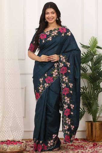 Blue manipuri silk embroidered thread work heavy look ethnic saree with blouse