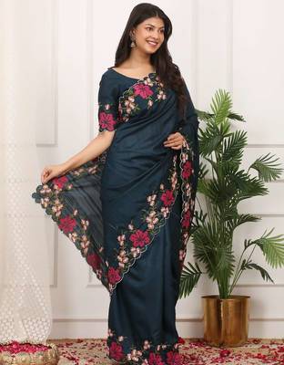 Blue manipuri silk embroidered thread work heavy look ethnic saree with blouse 2