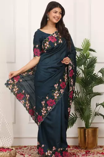 Blue manipuri silk embroidered thread work heavy look ethnic saree with blouse
