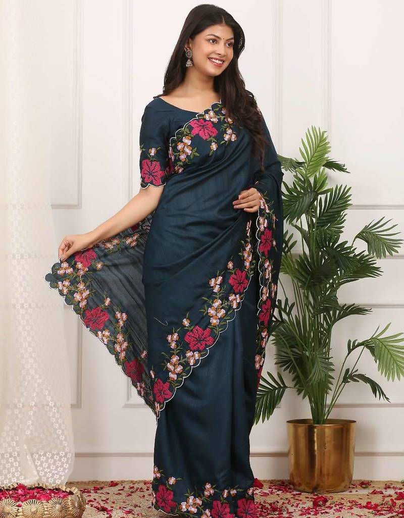 Blue manipuri silk embroidered thread work heavy look ethnic saree with blouse