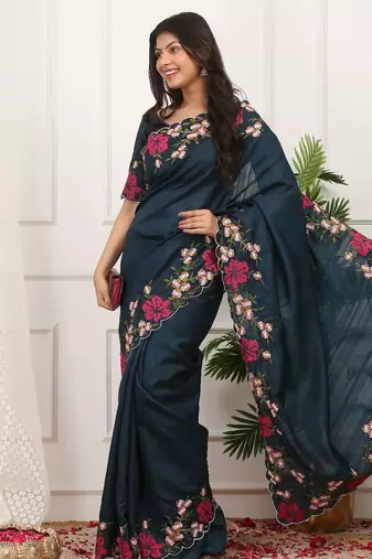 Blue manipuri silk embroidered thread work heavy look ethnic saree with blouse