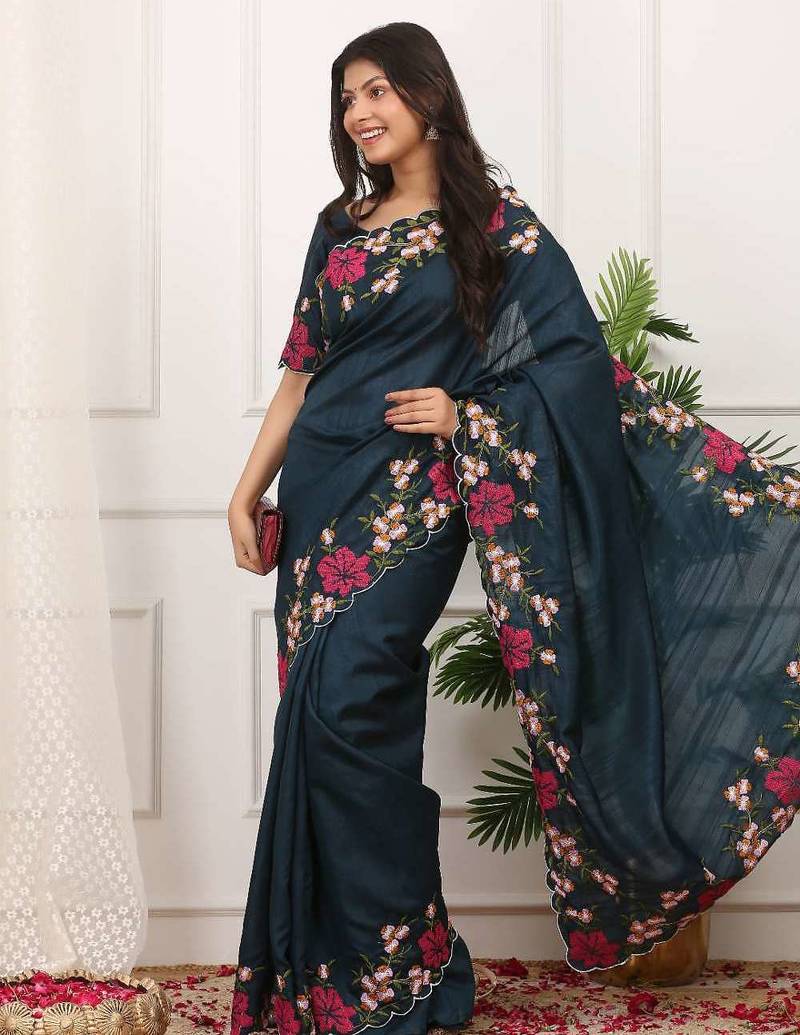 Blue manipuri silk embroidered thread work heavy look ethnic saree with blouse