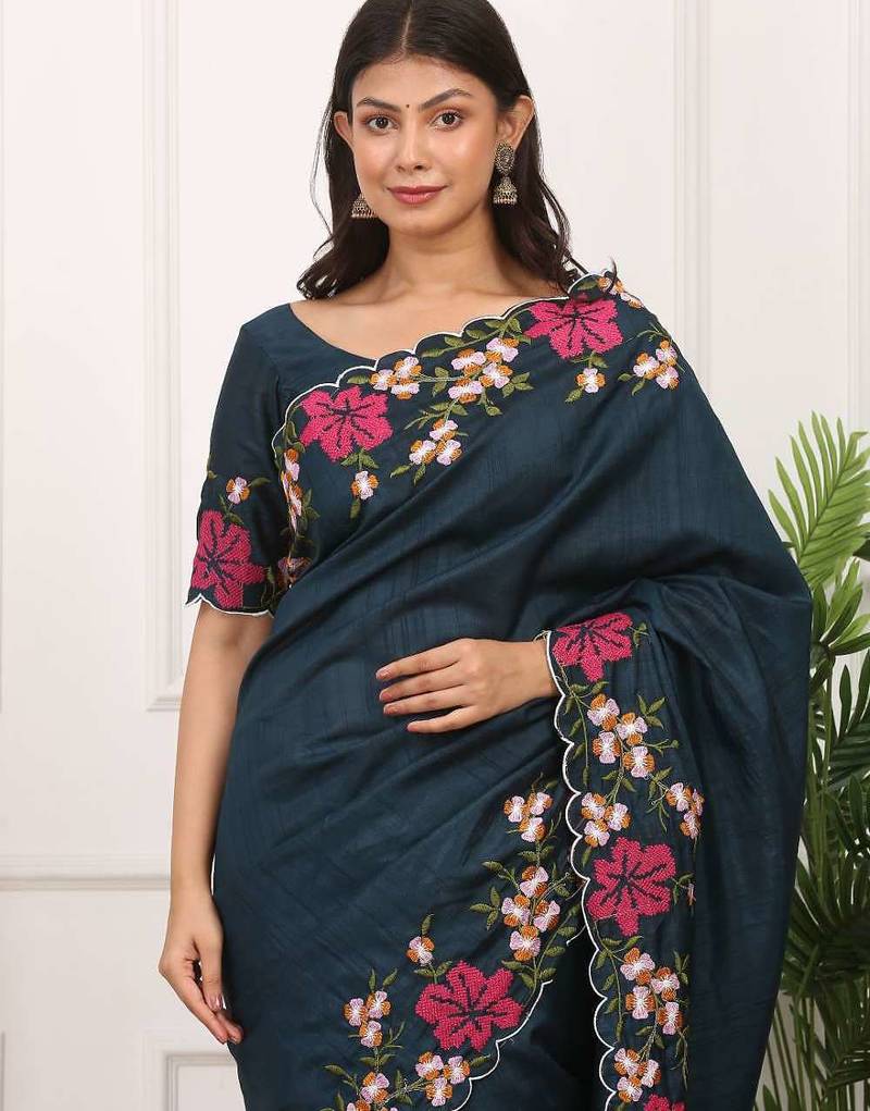 Blue manipuri silk embroidered thread work heavy look ethnic saree with blouse