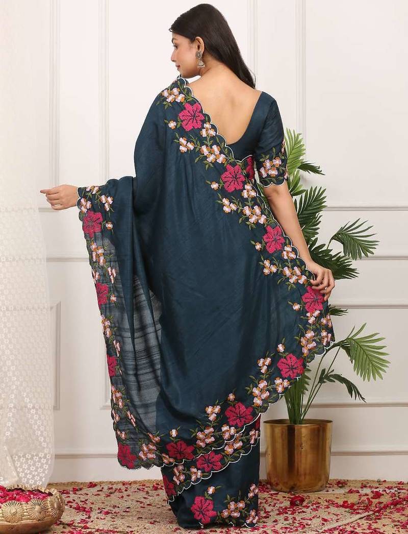 Blue manipuri silk embroidered thread work heavy look ethnic saree with blouse