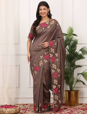 Brown manipuri silk embroidered thread work heavy look ethnic saree with blouse 1