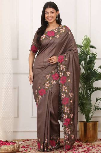 Brown manipuri silk embroidered thread work heavy look ethnic saree with blouse