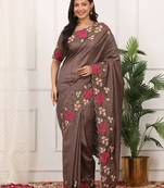 Brown manipuri silk embroidered thread work heavy look ethnic saree with blouse