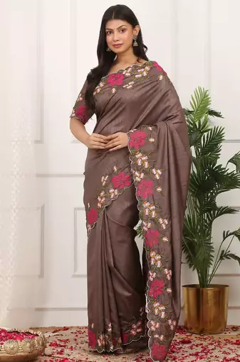 Brown manipuri silk embroidered thread work heavy look ethnic saree with blouse