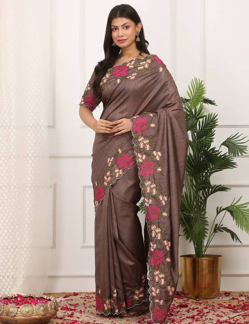 Brown manipuri silk embroidered thread work heavy look ethnic saree with blouse